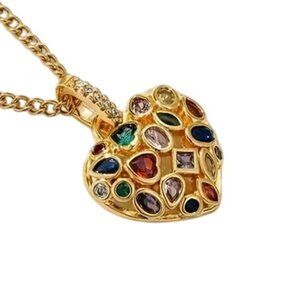 Gold-Tone 3D Heart Pendant Necklace Multi-Colored Crystals